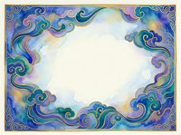 Ornate swirling cloud frame with mystical blue and purple gradients creating decorative border for text or design elements on light center background.