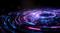 Glowing spiral of blue and pink neon light trails creating futuristic circular pattern against dark background, digital technology concept for tech designs.
