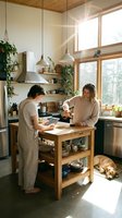 Young couple cooking together in modern kitchen with wooden island and natural sunlight streaming through windows creating warm domestic atmosphere.