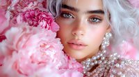 Young woman with platinum hair and blue eyes surrounded by pink peonies and pearl jewelry in dreamy romantic portrait with soft pastel tones and delicate lighting.