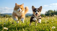 Orange tabby cat and tricolor corgi puppy running together through sunny meadow with wildflowers on bright summer day outdoors in countryside.