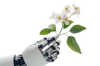 Robotic hand gently holding delicate white jasmine flowers with green leaves against white background, symbolizing harmony between technology and nature.