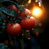 Fresh ripe tomatoes with water drops on vine against sunset light and bokeh background, dramatic dark garden atmosphere with morning dew.