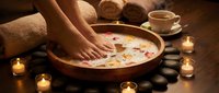 Woman enjoying relaxing foot spa treatment with flower petals in wooden bowl surrounded by candles and hot stones in luxury wellness center.