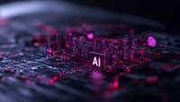 Futuristic circuit board with glowing pink AI text and components, representing artificial intelligence and advanced technology in dark atmosphere.