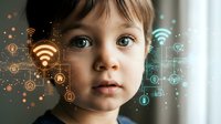 Young child with digital technology icons and wifi symbols representing internet connectivity and smart home automation for modern family lifestyle.