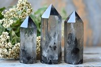 Smoky quartz crystal points with natural inclusions and faceted tips arranged beside white wildflowers, displaying mystical healing properties on rustic surface.