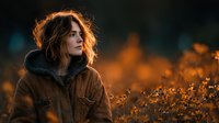 Young woman with curly hair in brown jacket looking thoughtfully into distance during golden hour with warm bokeh lights creating atmospheric mood.
