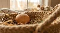 Fresh brown chicken egg nestled in woven basket with natural straw and burlap textures in warm sunlight for organic farm cooking and healthy nutrition concepts.