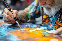 Senior male artist with white beard and tattoos painting vibrant watercolor artwork with brush, creating colorful abstract design on canvas for fine art, creative expression, and artistic practice.