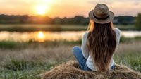 Young woman in hat sitting on hay bale watching sunset over lake, long brown hair, white top, jeans, peaceful rural countryside scene with golden light and reflection.