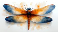 Vibrant dragonfly with orange and blue wings spread against watercolor background, detailed nature illustration showing delicate wing patterns and segmented body.