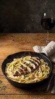 Grilled chicken breast with creamy pasta served in cast iron skillet on rustic wooden table with red wine glass for elegant dining experience.