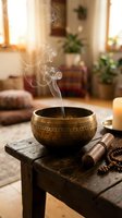 Ornate brass singing bowl with rising smoke on wooden table in warm sunlit living room creating peaceful meditation atmosphere for wellness and mindfulness practices.
