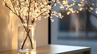 Delicate white cherry blossom branches in clear glass vase on white table, illuminated by warm evening light creating soft bokeh effect in background.