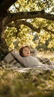 Young Caucasian man relaxing under tree on blanket in golden sunlight, peaceful outdoor lifestyle moment for wellness and mental health concepts.