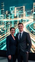 Professional business partners standing against futuristic city skyline with glowing light trails and modern skyscrapers at night for corporate presentations.
