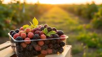 Fresh mixed berries in basket at sunset vineyard harvest time with golden light and bokeh background for organic farming and healthy eating concepts.