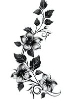 Elegant black and white floral design with delicate blooms and curling stems on isolated background, suitable for fabric prints, tattoo art and decorative elements.