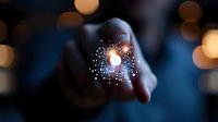 Magical glowing sparkles floating above finger in dark background with bokeh lights creating mystical atmosphere and sense of wonder.