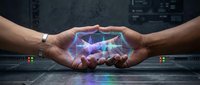 Two hands cupping glowing digital network connections with futuristic holographic data visualization for technology and innovation concepts.
