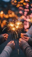Hands holding lit sparklers against blurred warm bokeh lights, celebrating festive moments with golden sparks and cozy evening atmosphere.