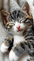 Adorable tabby kitten sleeping peacefully on soft knitted blanket with paws stretched out and content expression for pet care and animal welfare concepts.