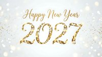 Happy New Year 2027 greeting with gold glitter numbers and text on white background with bokeh lights, suitable for holiday cards, social media posts, and festive celebrations.