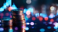 Stacked coins against blurred trading chart background with blue and red bokeh lights, representing financial market trends and investment growth.