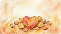 Watercolor heart surrounded by gold coins on warm beige background, symbolizing love of money, charity, financial generosity, and wealth concepts.