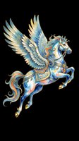 Watercolor pegasus with golden ornamental armor and blue wings, isolated on transparent background, ready for stickers, sublimation, t-shirt design, and print on demand.