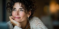Portrait of woman with curly hair and gold hoop earrings smiling thoughtfully with hand on chin, wearing cozy knit sweater against soft blurred background.