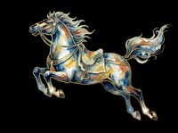 Galloping decorated horse with golden harness and flowing mane in watercolor style, isolated on transparent background, ready for stickers, t-shirt design, and print on demand.