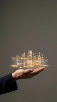 Businessman holding glowing holographic cityscape with connected network lines, representing smart city technology, urban development, real estate investment, and digital infrastructure solutions.