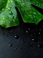 Fresh green monstera leaves with water drops on dark background, dramatic lighting creates contrast between wet foliage and black surface. For spa and wellness designs.