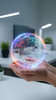 Hands holding glowing digital sphere with network connections in modern office environment for technology and innovation concepts.