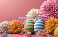Festive Easter composition with decorated striped eggs, pink and white chrysanthemums, yellow daisies against pink background with Happy Easter text greeting.