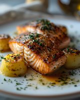 Grilled salmon fillets with pepper crust and herbs served with golden potatoes in butter sauce on white plate, close up view showing moist, flaky texture.