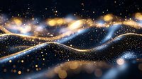 Magical glowing waves with golden and blue light effects on dark background, sparkling particles creating dynamic flowing lines and bokeh pattern.