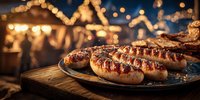 Grilled bratwurst sausages on wooden board at festive outdoor market with warm bokeh lights creating cozy evening atmosphere for food and dining concepts.