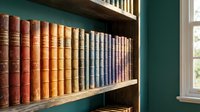 Vintage leather-bound books arranged on wooden shelf creating warm library atmosphere for reading and education concepts.