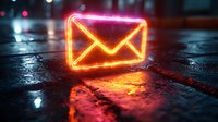 Glowing neon mail envelope icon on wet reflective surface with bokeh lights in background, modern digital communication concept for business and marketing.