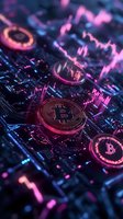 Golden cryptocurrency coins on digital circuit background with pink and blue neon lighting effects, financial technology concept for digital currency trading.