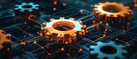 Glowing golden and blue gear wheels on digital circuit network, symbolizing technology integration and automated systems in modern industry.
