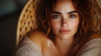 Young woman with freckles and natural makeup gazing at camera, wearing beige sweater against wicker chair background in warm atmospheric lighting.