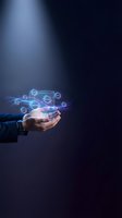 Businessman hand holding glowing digital network icons with connecting lines on dark background. Technology and connectivity concept for business solutions and digital transformation.