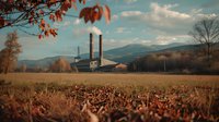 Industrial power plant with tall chimneys in autumn landscape, mountains in background, orange fallen leaves in foreground meadow against moody blue sky.