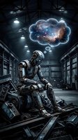 Futuristic robot sitting in industrial warehouse contemplating cosmic universe in thought bubble above head showing stars and nebula.