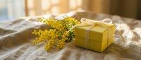 Yellow gift box with white ribbon and mimosa flowers on linen fabric in warm sunlight for spring celebrations and International Women's Day.