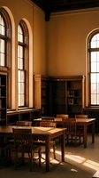Warm sunlight illuminates classic library reading room with wooden tables, chairs and arched windows creating peaceful academic atmosphere for study.